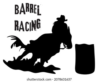 Ilustración plana vectorial en blanco y negro: Carrera de barriles en la silueta occidental de caballos y jinetes