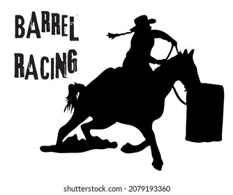 Black And White Vector Flat Illustration: Barrel Racing Western Horse And Rider Silhouette