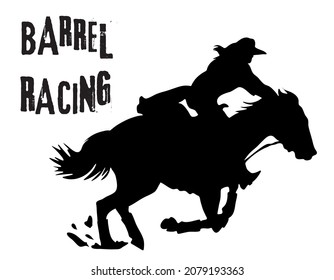 Ilustración plana vectorial en blanco y negro: Carrera de barriles en la silueta occidental de caballos y jinetes