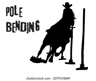 Ilustración plana vectorial en blanco y negro: Polo doblando el caballo occidental y silueta de jinete