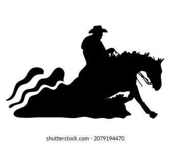 Ilustración plana vectorial en blanco y negro: Parada deslizante, silueta de caballo occidental y jinete