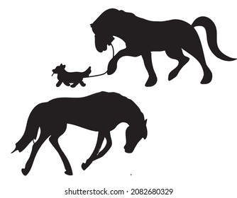 Black and white vector flat illustration:  horse silhouettes hand drawn stickers set