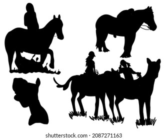 Black and white vector flat illustration:  horse silhouettes hand drawn stickers set