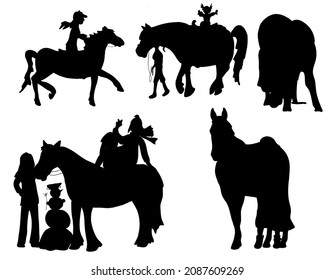 Ilustración plana vectorial en blanco y negro:  siluetas de caballo pegatinas dibujadas a mano