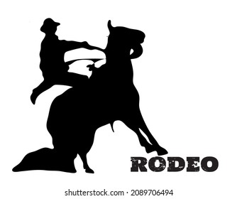 Black and white vector flat illustration: rodeo western horse and rider silhouette