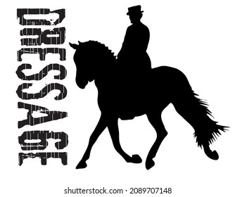 Black and white vector flat illustration: elegant dressage horse and rider silhouette