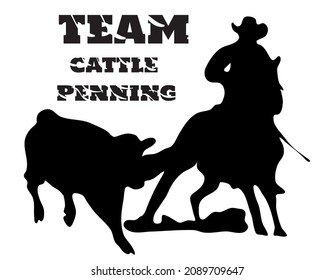 Black and white vector flat illustration: team cattle penning western rodeo discipline