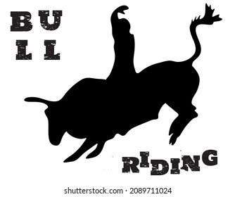 Black and white vector flat illustration: Bull riding rodeo discipline