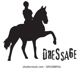 Black and white vector flat illustration: elegant dressage horse and rider silhouette