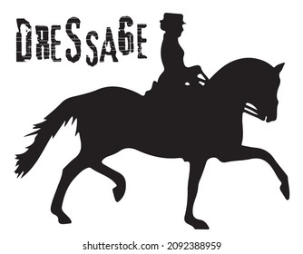 Black and white vector flat illustration: elegant dressage horse and rider silhouette
