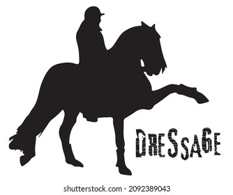 Black and white vector flat illustration: elegant dressage horse and rider silhouette