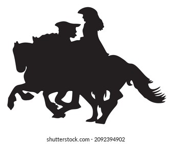 Black and white vector flat illustration: elegant galloping baroque friesian horses 