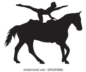 Black and white vector flat illustration: elegant vaulting horse and rider silhouette
