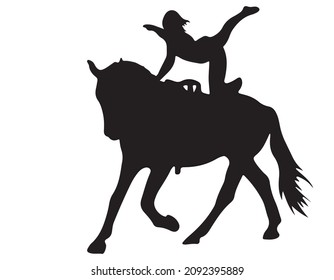 Black and white vector flat illustration: elegant vaulting horse and rider silhouette
