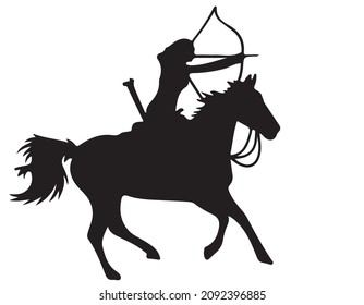 Black and white vector flat illustration: elegant horse, archery silhouette