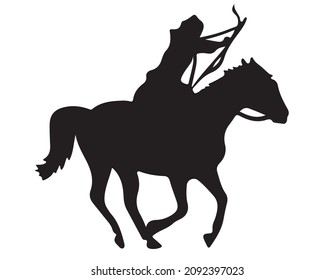 Black and white vector flat illustration: elegant horse, archery silhouette