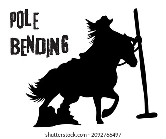 Black and white vector flat illustration: Pole bending western horse and rider silhouette