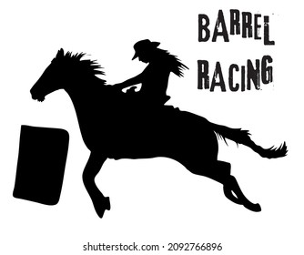 Black And White Vector Flat Illustration: Barrel Racing Western Horse And Rider Silhouette