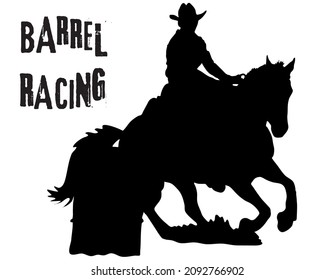 Ilustración plana vectorial en blanco y negro: Carrera de barriles en la silueta occidental de caballos y jinetes