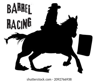 Black And White Vector Flat Illustration: Barrel Racing Western Horse And Rider Silhouette