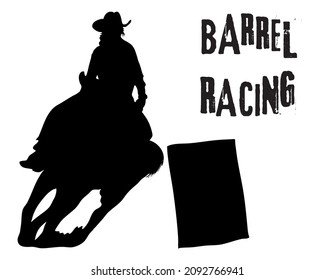 Black And White Vector Flat Illustration: Barrel Racing Western Horse And Rider Silhouette