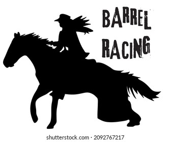 Black And White Vector Flat Illustration: Barrel Racing Western Horse And Rider Silhouette