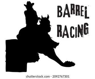 Black And White Vector Flat Illustration: Barrel Racing Western Horse And Rider Silhouette