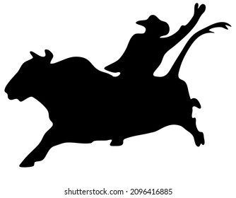 Black and white vector flat illustration: Bull riding rodeo sticker