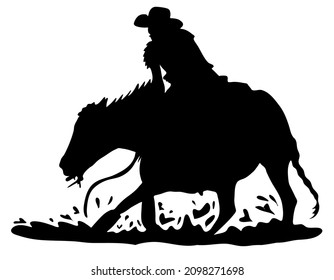 Black and white vector flat illustration: rodeo western horse and rider silhouette