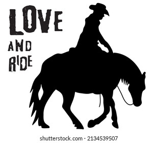 Ilustración plana vectorial en blanco y negro: Dominando la silueta occidental de caballos y jinetes, el amor y el viaje