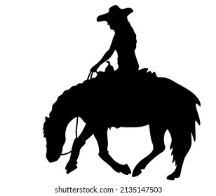 Black and white vector flat illustration: western horse and rider silhouette