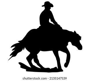 Black and white vector flat illustration: western horse and rider silhouette
