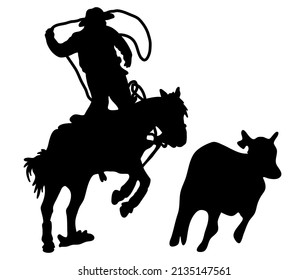 Black and white vector flat illustration: western horse and rider silhouette