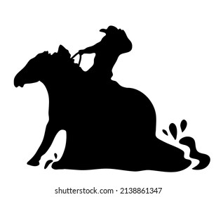 Black and white vector flat illustration: Sliding stop, reining western horse and rider silhouette