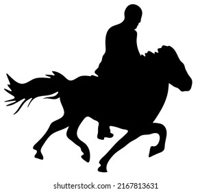 Black and white vector flat illustration: racing horse and rider silhouette