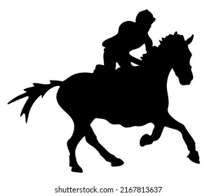 Black and white vector flat illustration: racing horse and rider silhouette