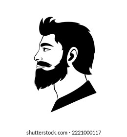 Black and white vector flat illustration with bearded man's face in profile. Male portrait with beard, side view