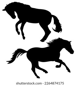 Ilustración plana vectorial en blanco y negro: Silhouette de caballo de carreras