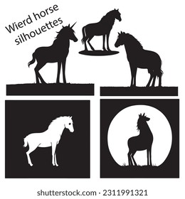 Black and white vector flat illustration: horse silhouette stamp collection
