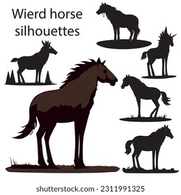 Black and white vector flat illustration: horse silhouette stamp collection