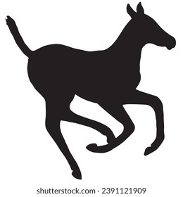 Black and white vector flat illustration: small cute running horse foal