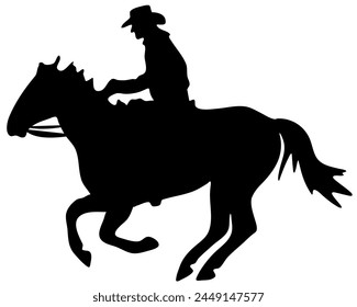 Ilustración plana de Vector blanco y negro: Silueta de caballo y jinete occidental de carreras de barriles