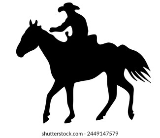 Ilustración plana de Vector blanco y negro: Silueta de caballo y jinete occidental de carreras de barriles