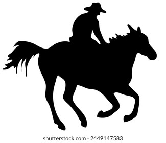 Ilustración plana de Vector blanco y negro: Silueta de caballo y jinete occidental de carreras de barriles