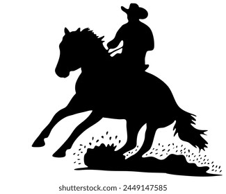 Ilustración plana de Vector blanco y negro: Silueta de caballo y jinete occidental de carreras de barriles