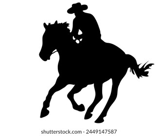 Ilustración plana de Vector blanco y negro: Silueta de caballo y jinete occidental de carreras de barriles