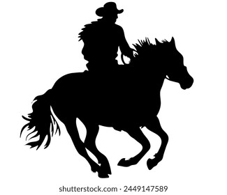 Ilustración plana de Vector blanco y negro: Silueta de caballo y jinete occidental de carreras de barriles