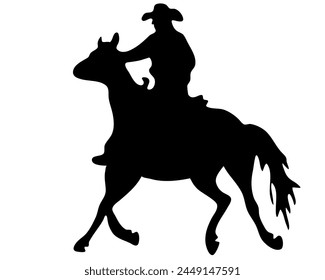 Ilustración plana de Vector blanco y negro: Silueta de caballo y jinete occidental de carreras de barriles