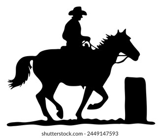 Ilustración plana de Vector blanco y negro: Silueta de caballo y jinete occidental de carreras de barriles