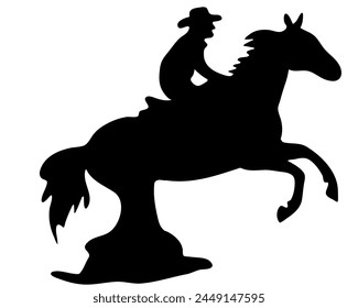 Ilustración plana de Vector blanco y negro: Silueta de caballo y jinete occidental de carreras de barriles